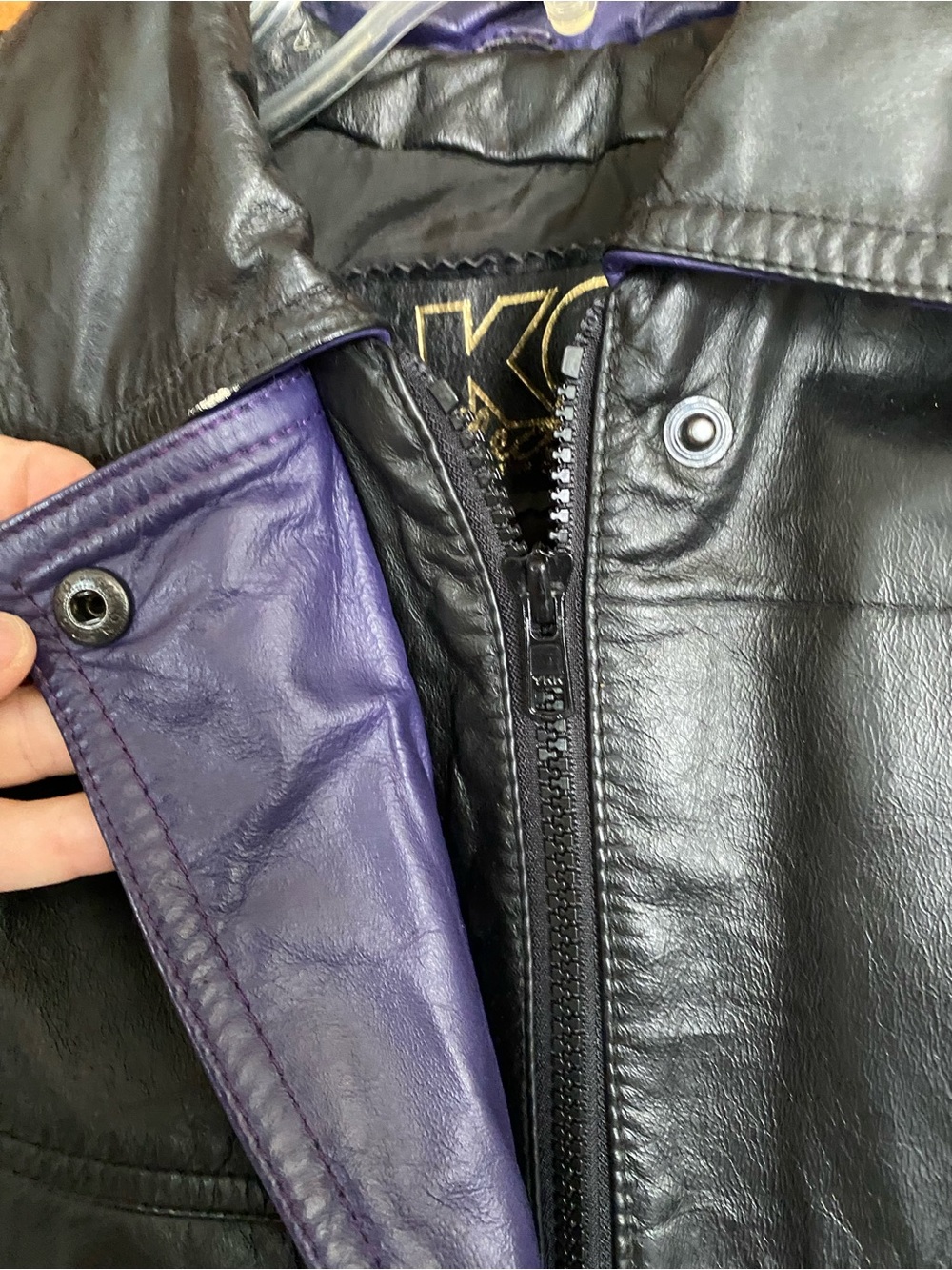 90’s Vintage KC Collections - Kids Black Leather Jacket with Purple Lining